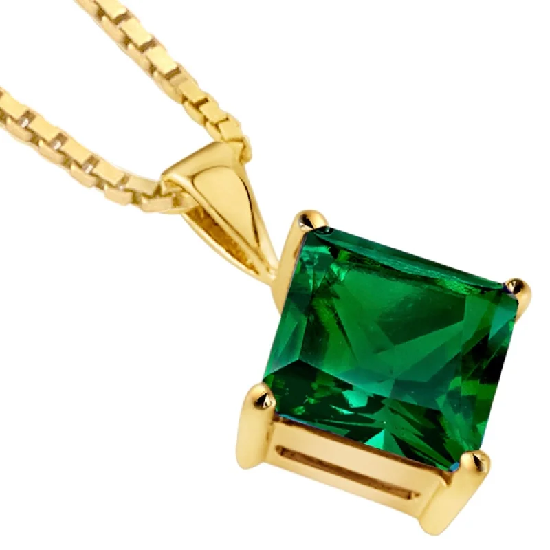 silver pendant necklace with custom birthstone engraving -14k Yellow Gold Princess Cut 2.25 cts Created Emerald Pendant