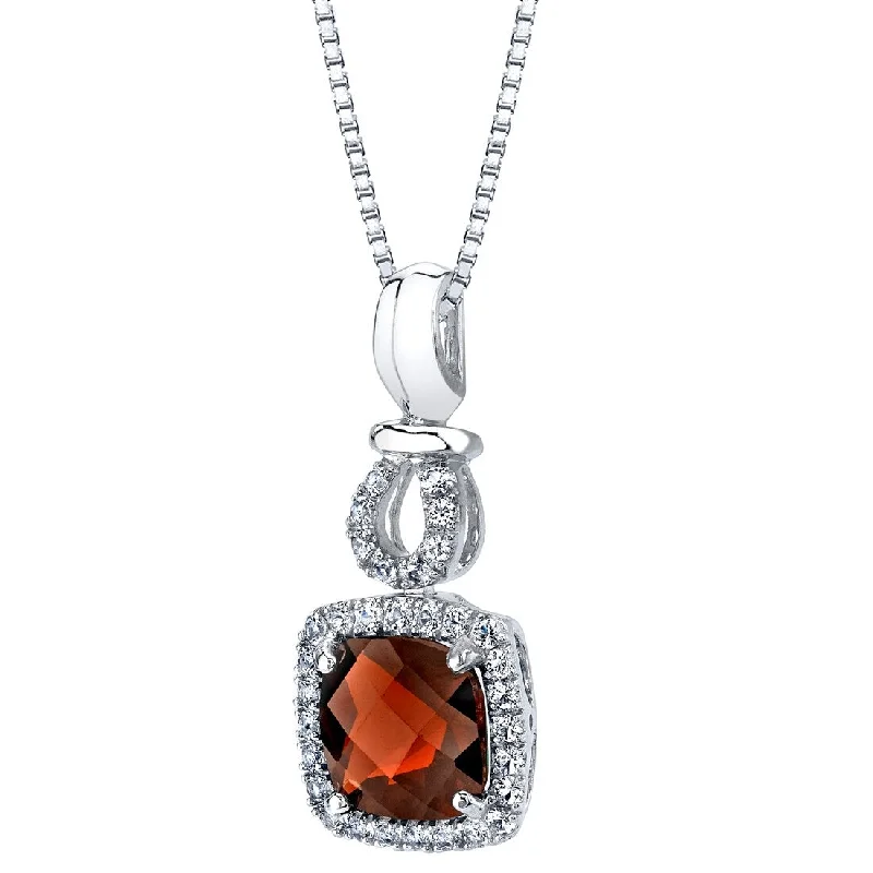 custom engraved pendant necklace with wedding date -2.5 ct Cushion Cut Garnet and White Topaz Pendant in 14k White Gold