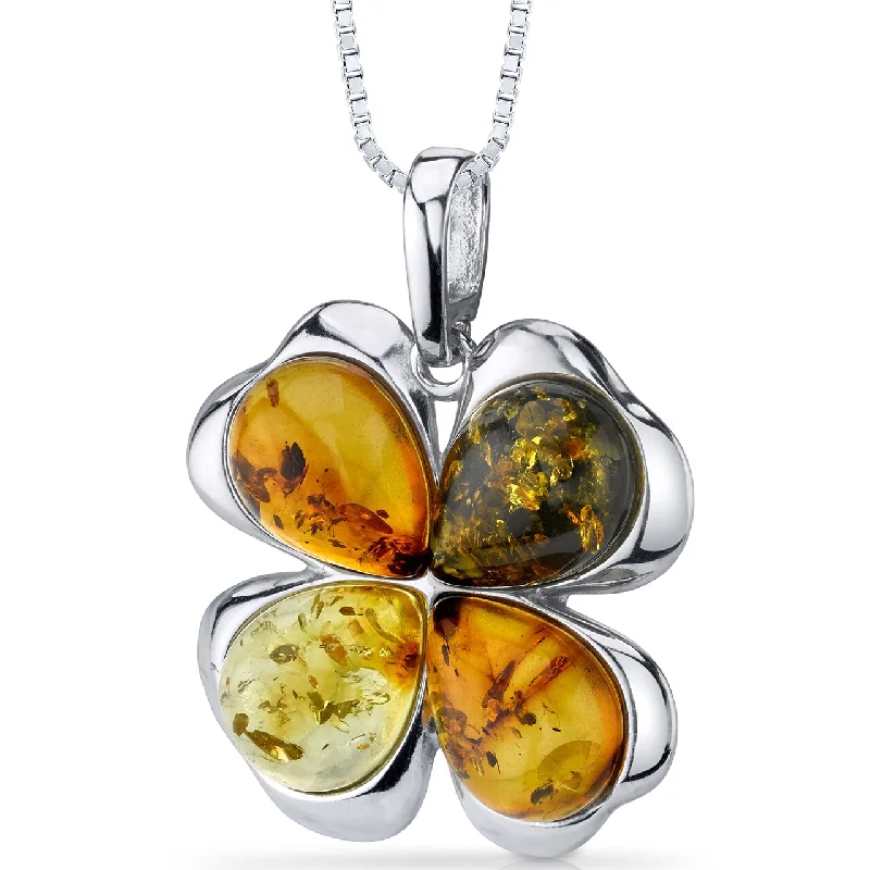 personalized pendant necklace with letter engraving -Baltic Amber Clover Pendant Sterling Silver Honey Olive Cognac