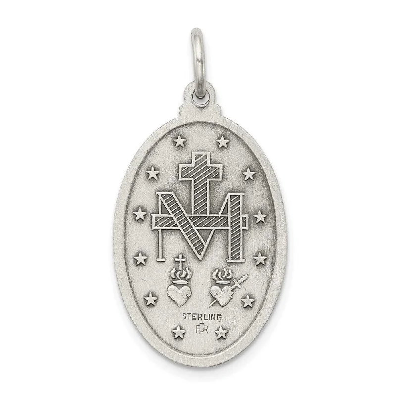 celestial pendant necklace with gemstone for brides -Diamond2Deal 925 Sterling Silver Antiqued Miraculous Medal Pendant (L- 1.19 Inch, W- 0.63 Inch)