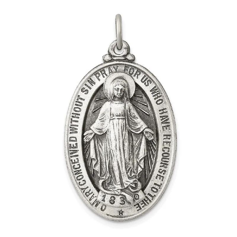 silver pendant necklace with moonstone and gold charm -Diamond2Deal 925 Sterling Silver Antiqued Miraculous Medal Pendant (L- 36 mm, W- 20 mm)