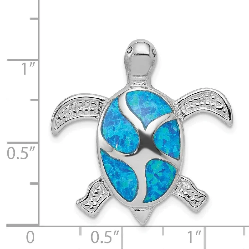 silver pendant necklace with moonstone charm for brides -Diamond2Deal 925 Sterling Silver Blue Inlay Created Opal Turtle Pendant