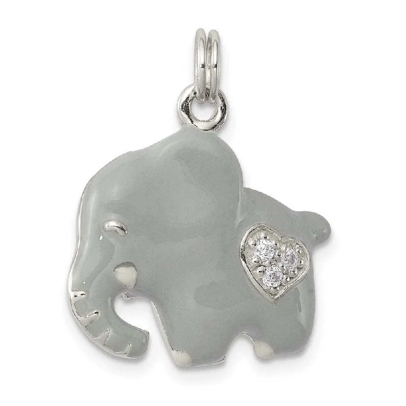 silver pendant necklace with moonstone charm for brides -Diamond2Deal 925 Sterling Silver CZ Grey Enameled Polished Elephant Pendant (L- 25 mm, W- 20 mm)