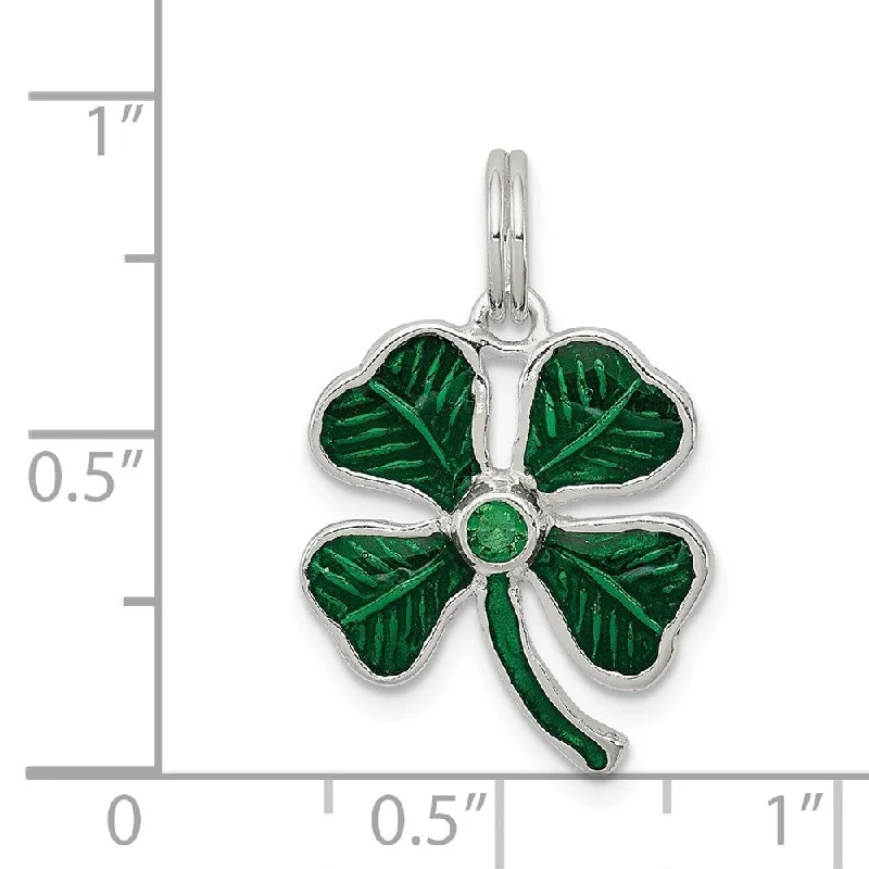 silver pendant necklace with custom birthstone engraving -Diamond2Deal 925 Sterling Silver Enameled 4-Leaf Clover Green Glass Stone Pendant (L- 22 mm, W- 12 mm)