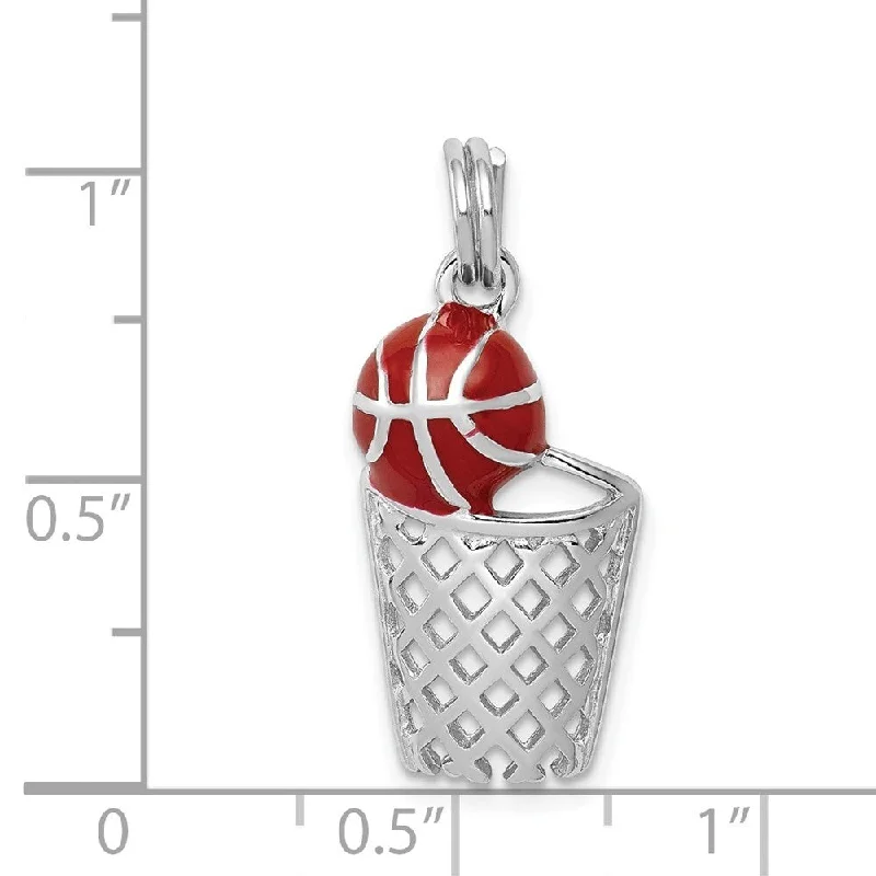 women’s pendant necklace with custom engraving for brides -Diamond2Deal 925 Sterling Silver Rhodium-plated Enamel Basketball and Hoop Charm