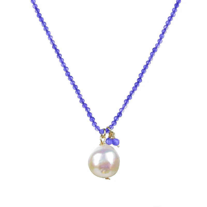 custom bar pendant necklace with initials for men -Gold over Sterling Silver Freshwater Pearl & Tanzanite Necklace