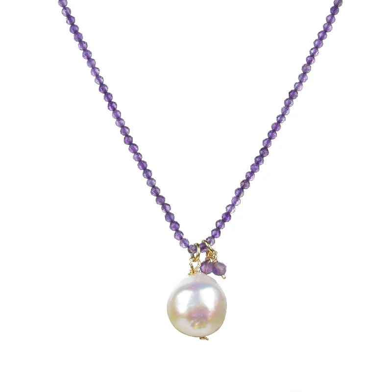 women’s pendant necklace with custom gemstone engraving -Gold Over Sterling Silver with Natural Amethyst and Pearl Necklace