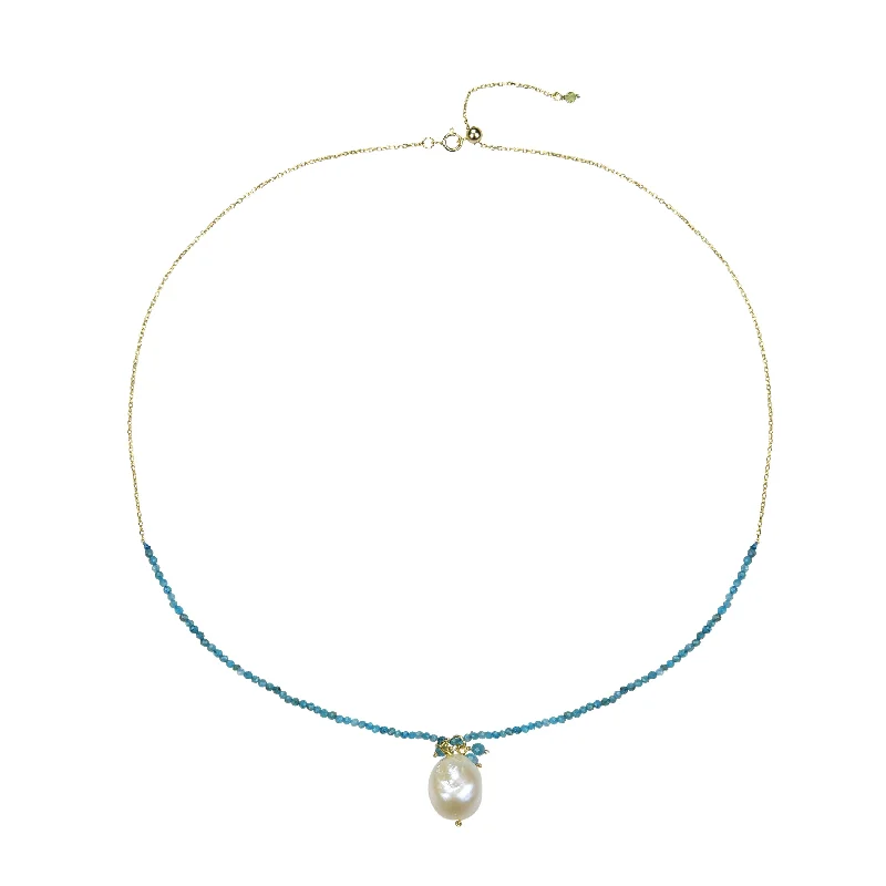 celestial pendant necklace with moon charm for brides -Gold Over Sterling Silver with Natural Blue Apatite and Pearl Necklace