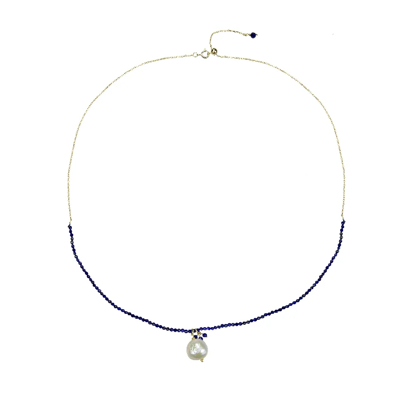 celestial pendant necklace with gemstone for brides -Gold Over Sterling Silver with Natural Lapis and Pearl Beaded Necklace