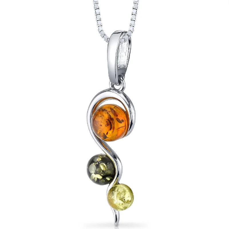 custom pendant necklace with diamond charm -Three Stone Baltic Amber Pendant Sterling Silver Green Honey Cognac