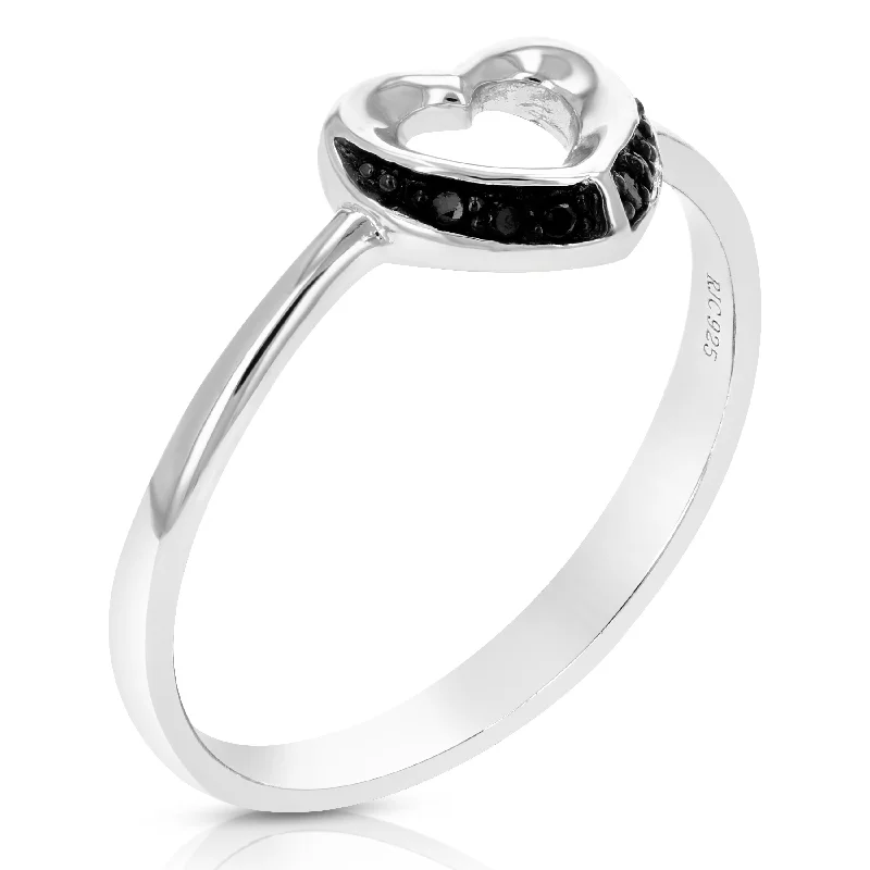 men’s engagement rings with sapphires for custom-made wedding bands-1/20 cttw Black Diamond Heart Ring .925 Sterling Silver with Rhodium