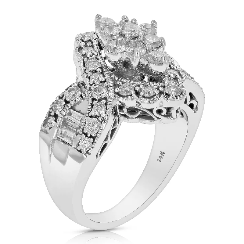 women’s rings with sapphires for wedding rings with diamonds-1 cttw Marquise Shape Diamond Cocktail Ring 14K White Gold Round Prong