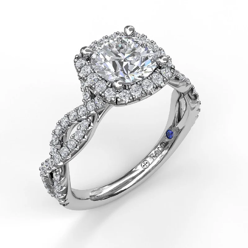 women’s rings with sapphires and diamonds for engagement with rubies-14 Karat White Gold Fana 3/5 Carat Cushion Halo Twist Diamond Engagement Ring Setting