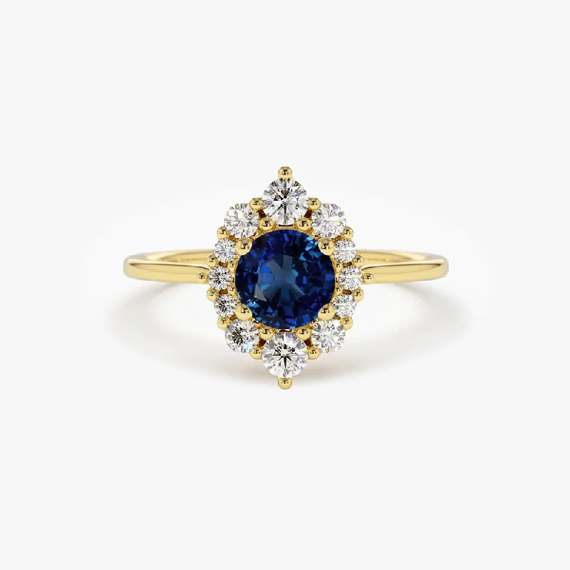 vintage engagement rings with sapphires for custom wedding bands-14k Round Sapphire Halo Diamond Engagement Ring