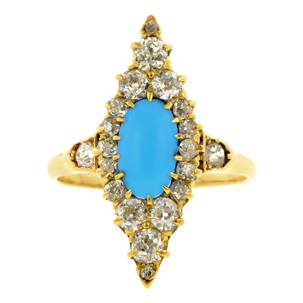 women’s engagement rings with sapphires for engagement with diamonds-Antique Turquoise & Diamond Navette Ring