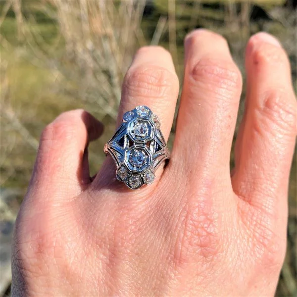 men’s platinum wedding rings with sapphires and rubies for engagement-Art Deco Diamond & Sapphire Dinner Ring