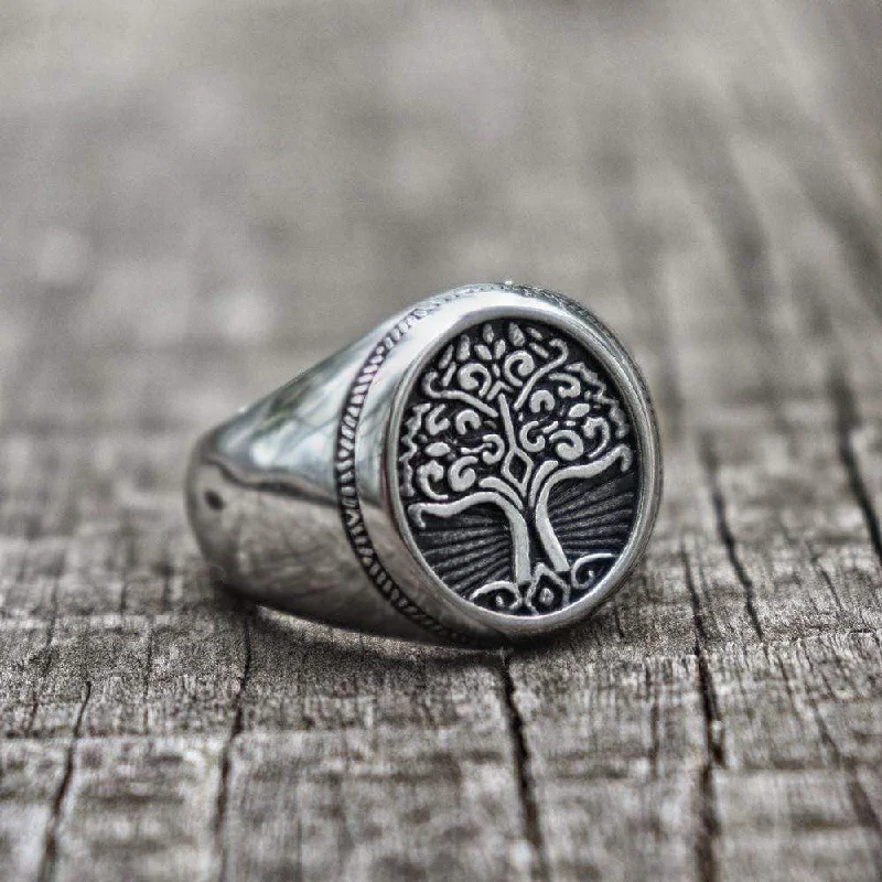 men’s rings with sapphires for engagement bands with diamonds-Tree of Life Signet Stainless Steel Viking Ring