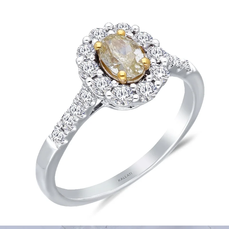 custom wedding bands with sapphires and rubies for engagement jewelry-Kallati Eternal Oval Halo Yellow Diamond Engagement Ring in 14K White Gold