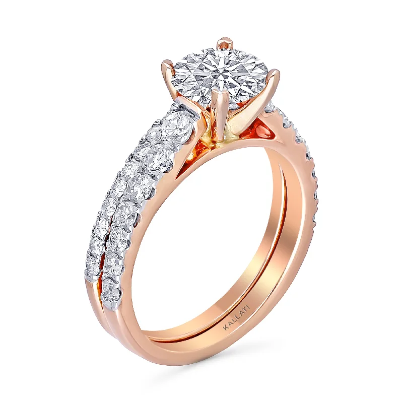 women’s rings with sapphires and rubies for wedding bands for men-Kallati Eternal Solitaire With Matching Diamond Band Engagement Ring in 14K Rose Gold