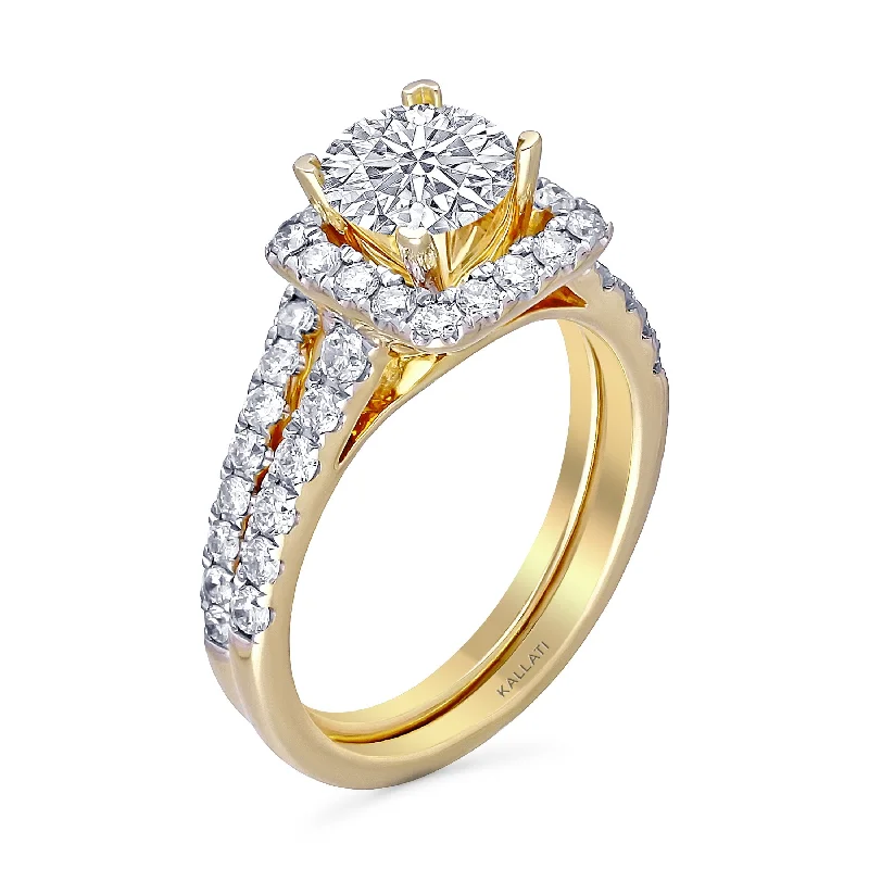 men’s rings with sapphires for custom wedding rings with diamonds-Kallati Eternal Cushion Halo  Diamond Engagement Ring With Matching Band in 14K Yellow Gold