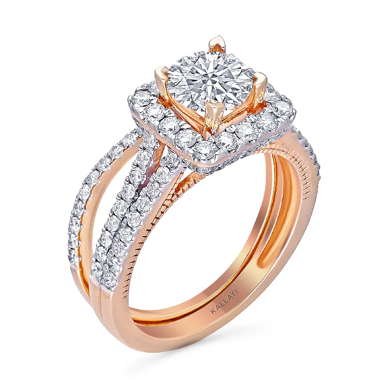 women’s rings with sapphires for engagement jewelry for custom bands-Kallati Eternal Cushion Halo  Diamond Engagement Ring With Matching Band in 14K Rose Gold