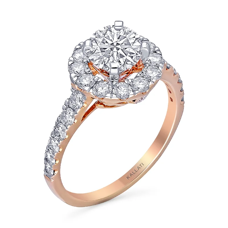 women’s rings with diamonds and sapphires for custom wedding engagement-Kallati Eternal Round Halo Diamond Engagement Ring in 14K Rose Gold