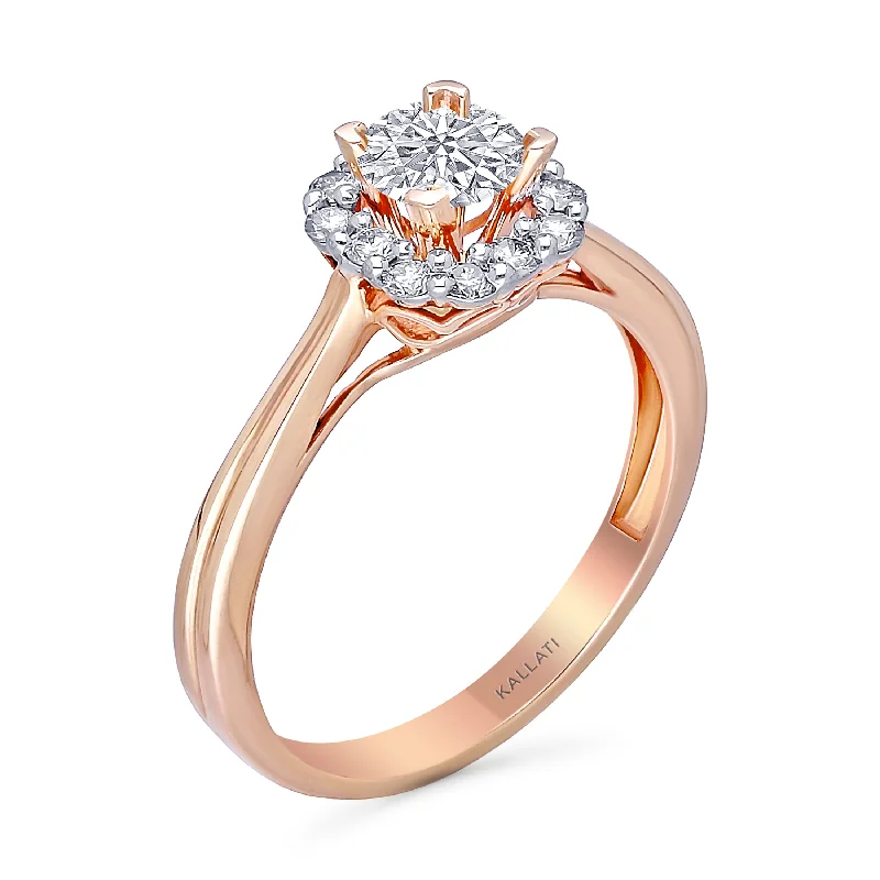 custom engagement rings for women with sapphires and rubies-Kallati Eternal Round Halo Diamond Engagement Ring in 14K Rose Gold