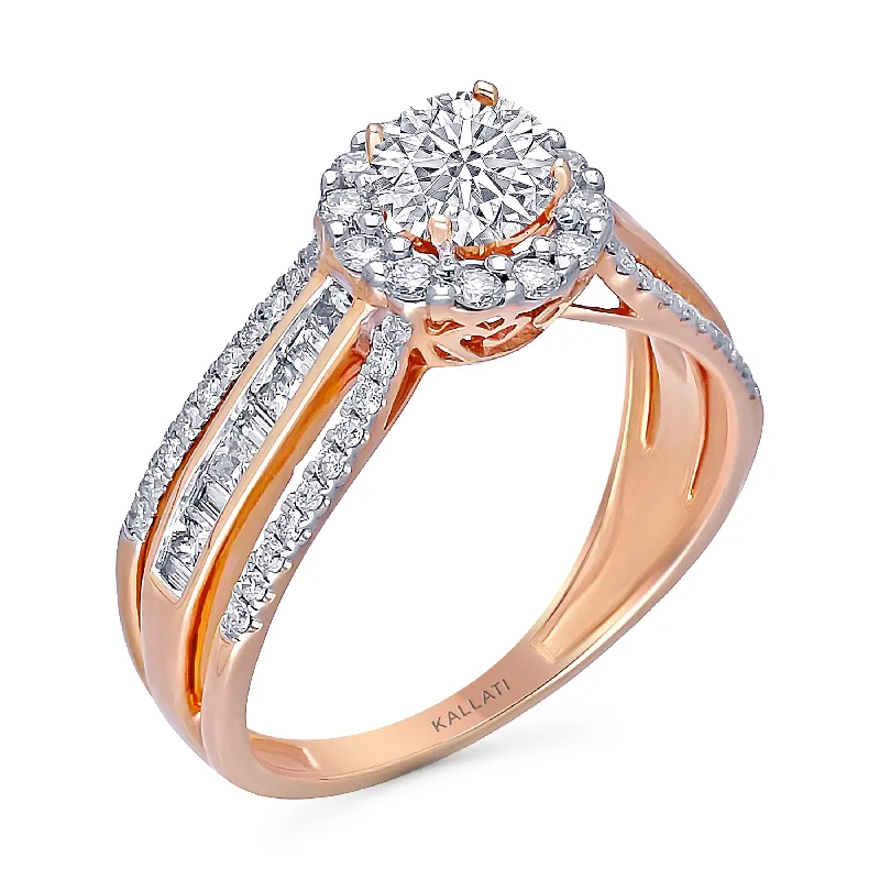 women’s rings with sapphires for wedding rings with diamonds for women-Kallati Legendary Split Shank Round Halo Diamond Engagement Ring in 14K Rose Gold