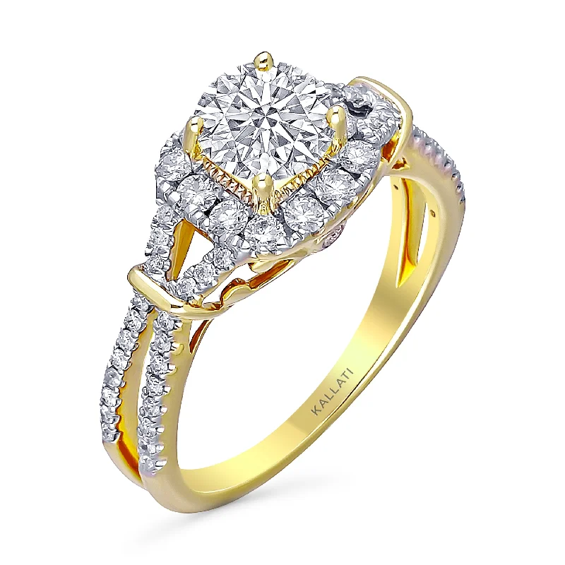 women’s platinum engagement rings with rubies and diamonds-Kallati Eternal Round Halo, Split Shank Diamond Engagement Ring in 14K Yellow Gold