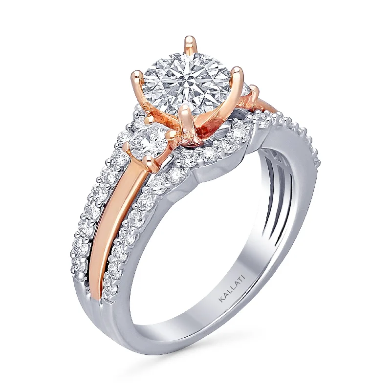 men’s rings with sapphires for custom wedding engagement rings-Kallati Eternal Three Stone Diamond Engagement Ring With Matching Band in 14K White and  Rose Gold