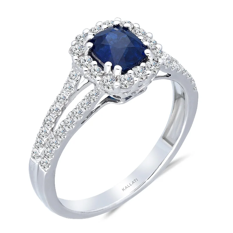 men’s platinum wedding rings with sapphires for engagement bands-Kallati Heirloom Cushion Halo Split Shank Sapphire & Diamond Engagement Ring in 14K White Gold