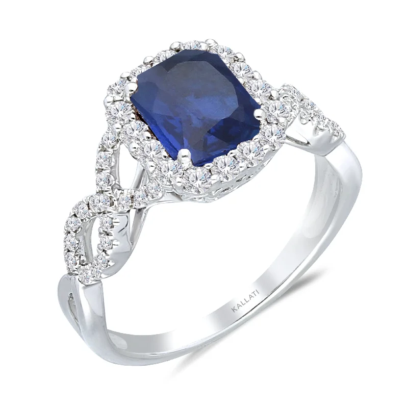 vintage rings with diamonds and sapphires for men’s engagement-Kallati Heirloom Cushion Halo No Heat Sapphire & Diamond Engagement Ring in 14K White Gold