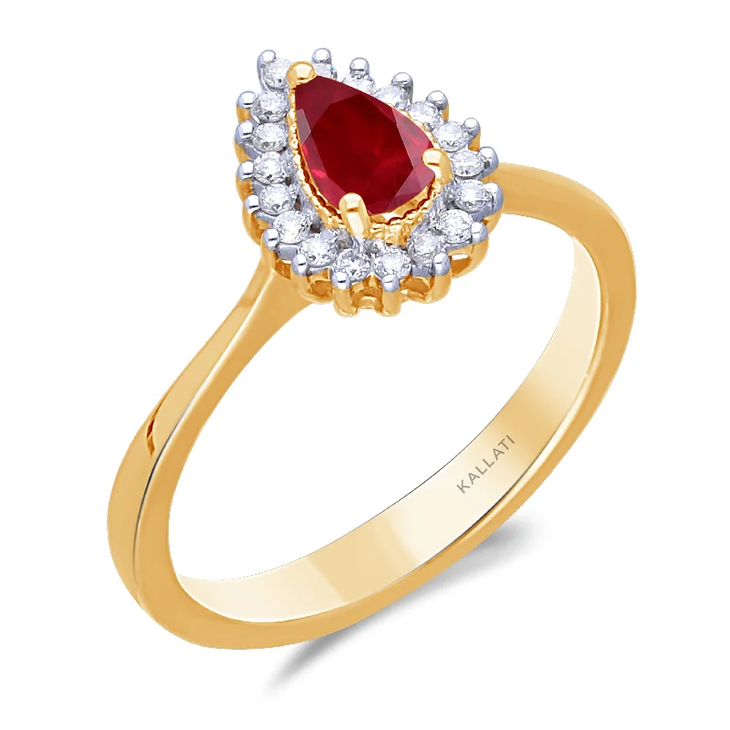 women’s engagement rings with sapphires for wedding rings for men-Kallati Heirloom Pear Halo Ruby & Diamond Engagement Ring in 14K Yellow Gold