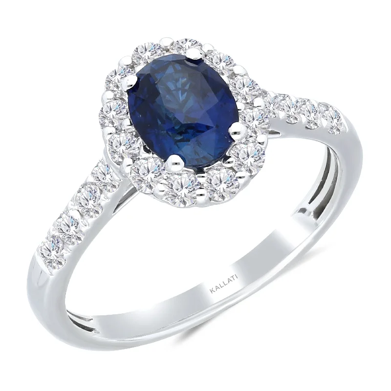 women’s custom-made wedding bands with sapphires and diamonds-Kallati Heirloom Oval Halo Sapphire & Diamond Engagement Ring in 14K White Gold