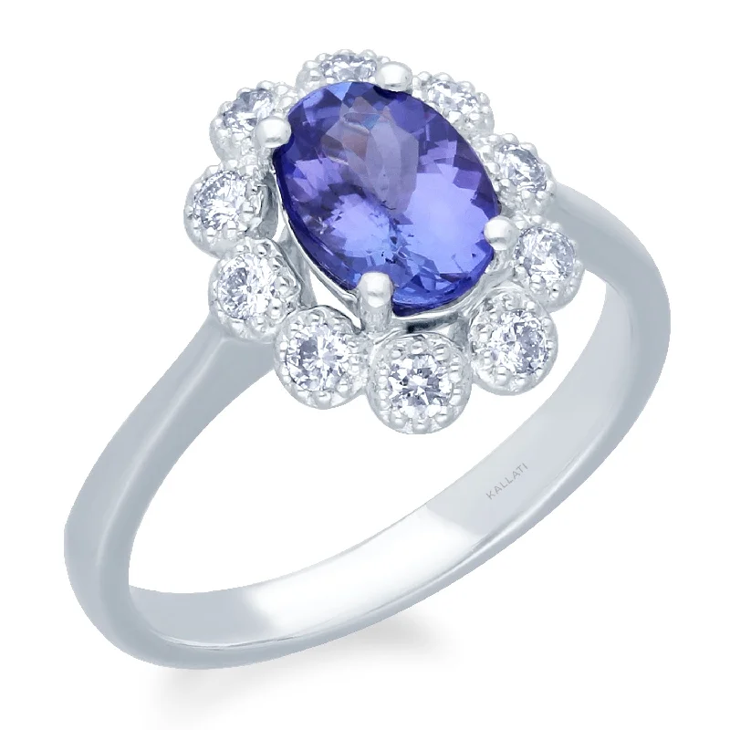 men’s engagement rings with sapphires and diamonds for wedding jewelry-Kallati Heirloom Oval Tanzanite & Diamond Engagement Ring in 14K White Gold