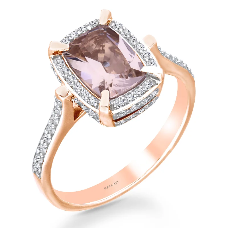 women’s platinum engagement rings with sapphires for engagement jewelry-Kallati Heirloom Cushion Halo Morganite & Diamond Engagement Ring in 14K Rose Gold