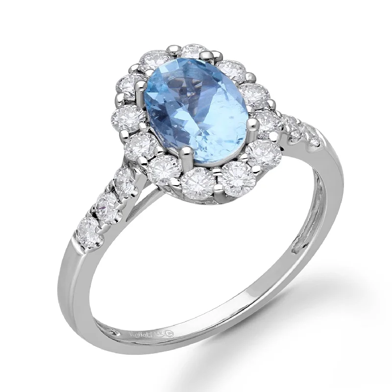 women’s rings with sapphires for custom engagement with rubies-Kallati Heirloom Oval Halo Aquamarine & Diamond Engagement Ring in 14K White Gold