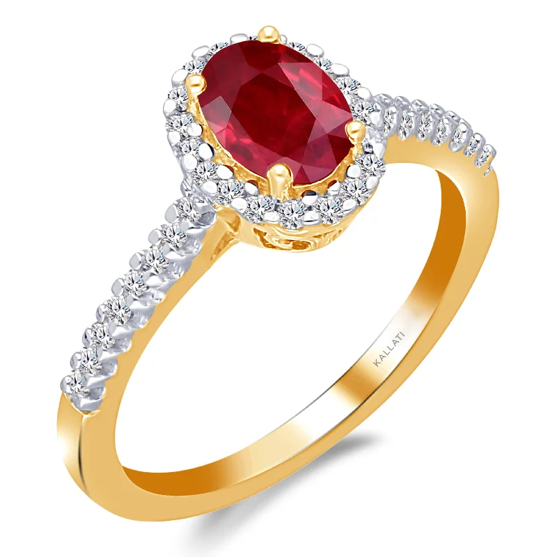 vintage engagement rings with sapphires for wedding engagement rings-Kallati Heirloom Oval Halo Ruby & Diamond Engagement Ring in 14K Yellow Gold