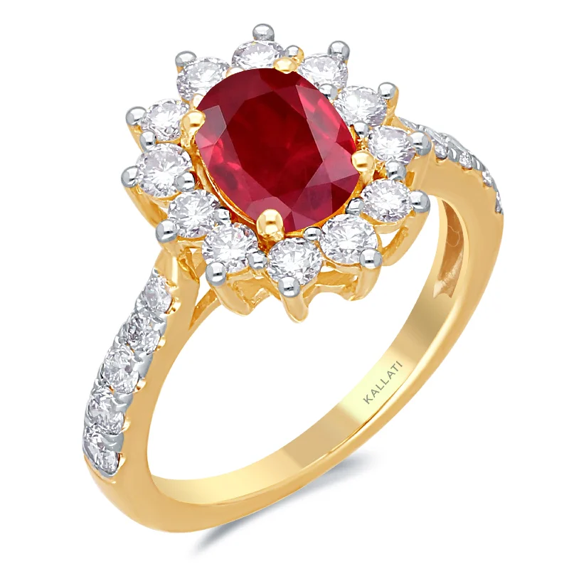 custom rings with sapphires and rubies for wedding engagement-Kallati Heirloom Oval Halo Ruby & Diamond Engagement Ring in 14K Yellow Gold