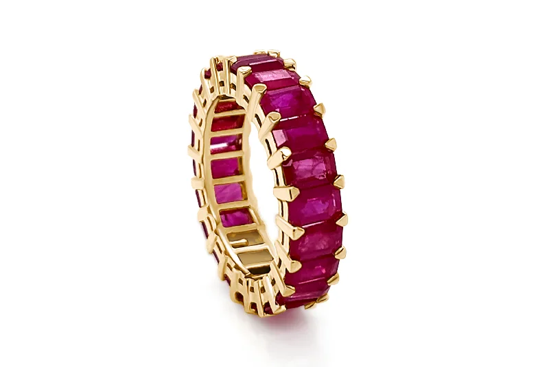 men’s wedding rings with sapphires for engagement jewelry with rubies-Eternity Ring 18kt Gold Emerald Cut Ruby