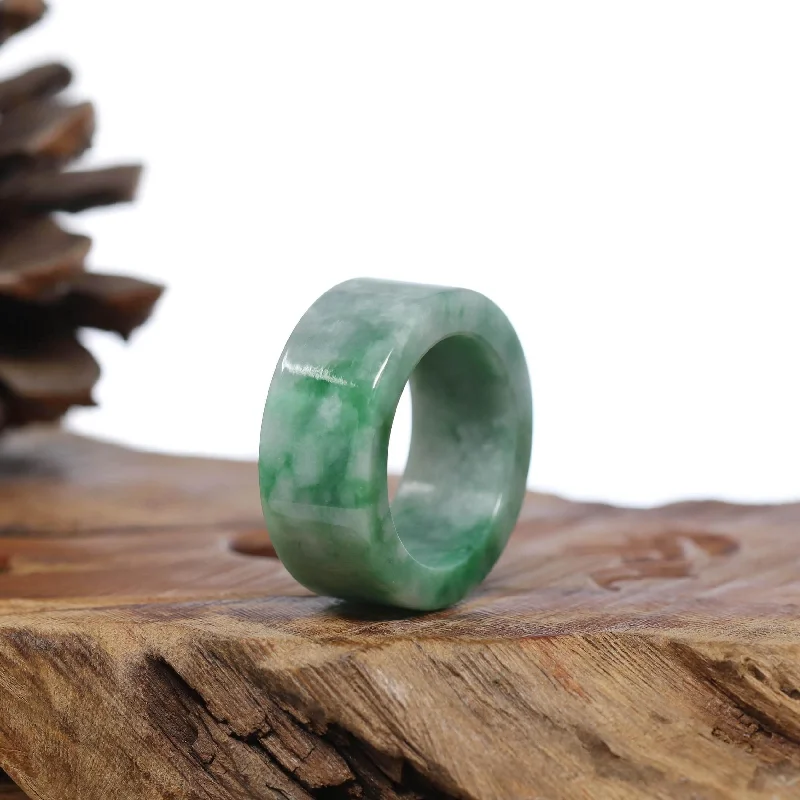 personalized bracelet with gemstone for personal balance-Natural Burmese Green Jadeite Jade Bend Men's Ring