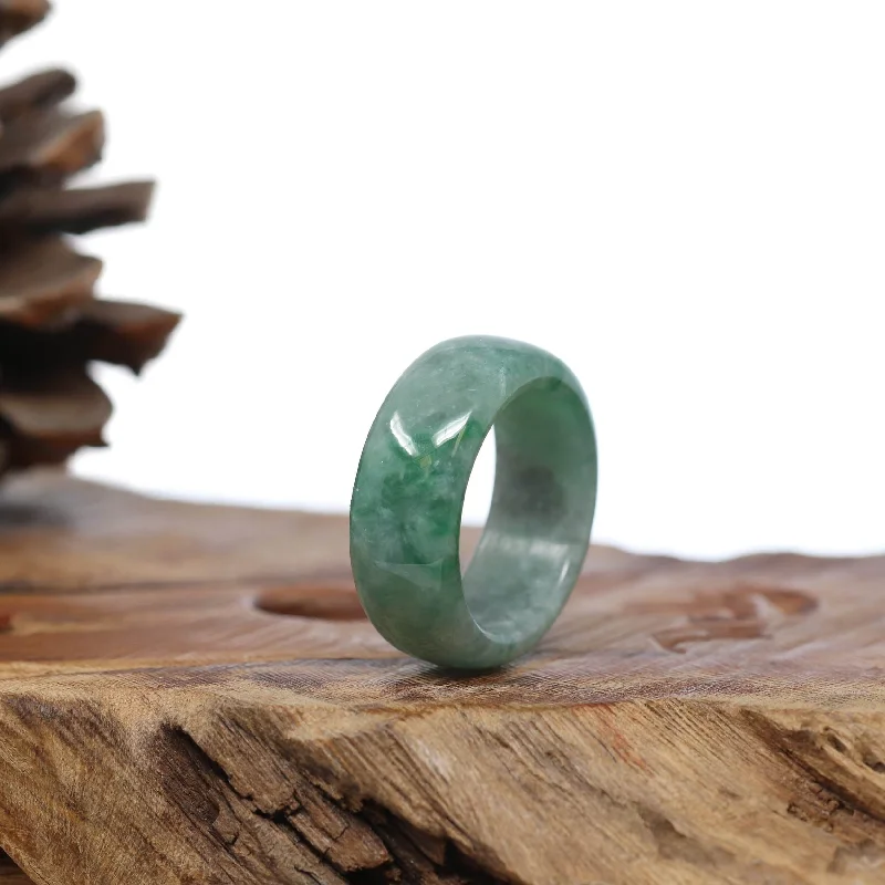 silver bracelet with gemstone beads for peace and clarity-Natural Burmese Green Jadeite Jade Bend Men's Ring