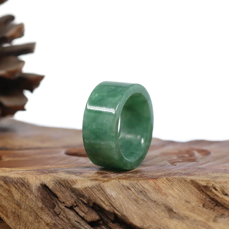 silver bracelet with heart-shaped charm for anniversary gift-Natural Burmese Green Jadeite Jade Bend Men's Ring