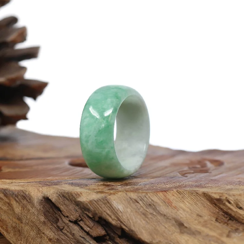 custom silver bracelet with gemstone for grounding and healing-Natural Burmese Green Jadeite Jade Bend Men's Ring