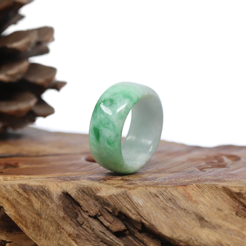 custom silver bracelet for him with engraved initials-Natural Burmese Green Jadeite Jade Bend Men's Ring