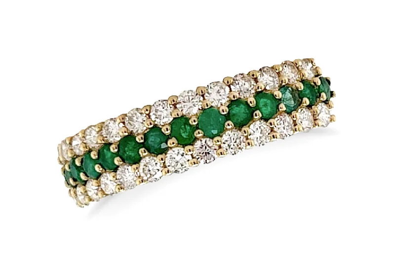 men’s custom rings with sapphires for engagement bands with diamonds-Ring 18kt Gold 3-Row Band Emeralds & Diamonds