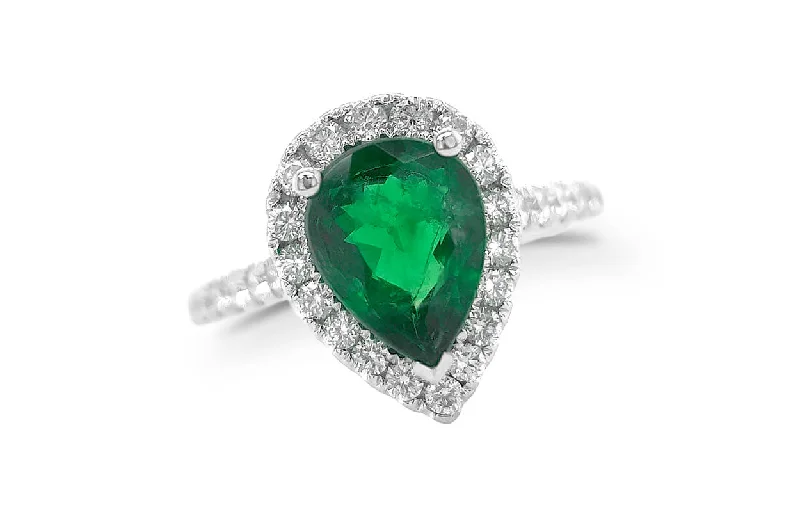 women’s engagement rings with diamonds and sapphires for wedding bands-Ring 18kt Gold Pear GIA Emerald & Diamonds Pave