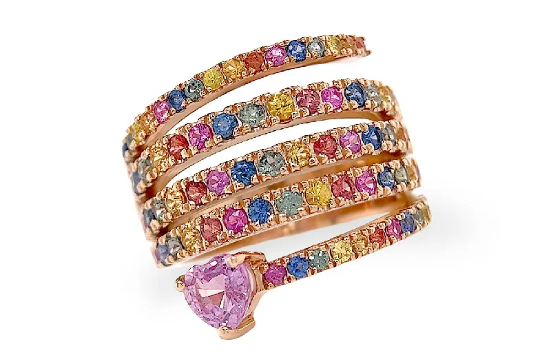 custom wedding rings with sapphires for women’s custom bands-Ring 18kt Gold Spiral Rainbow Multicolor Sapphires & Heart