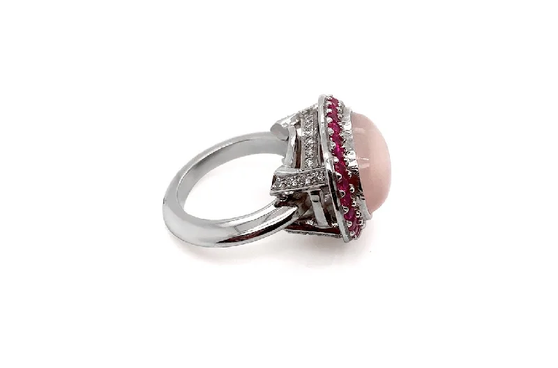 women’s engagement rings with sapphires and diamonds for wedding engagement-Ring 18kt White Gold Pink Quartz, Sapphires and Diamonds