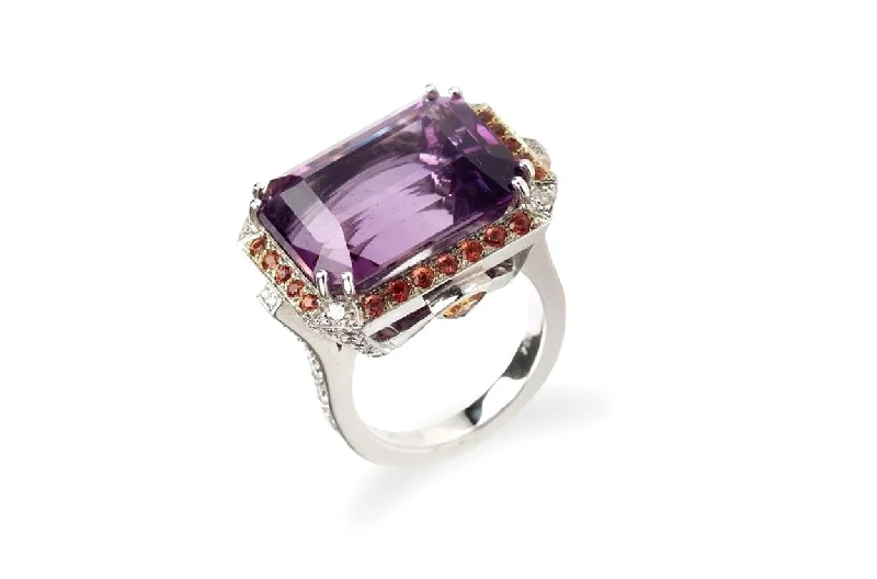 men’s wedding bands with sapphires and rubies for engagement jewelry-Ring Amethyst with Orange Sapphire & Diamonds